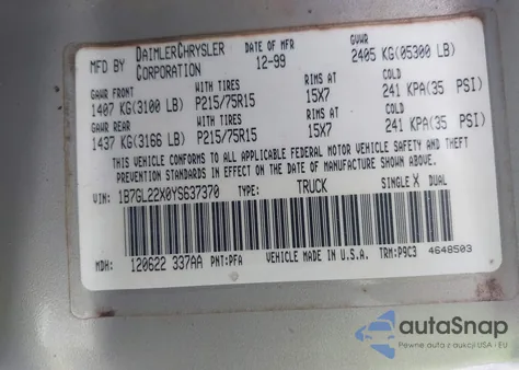 2000 Dodge Dakota Slt/Sport из США, поврежденный, VIN 1B7GL22X0YS637370